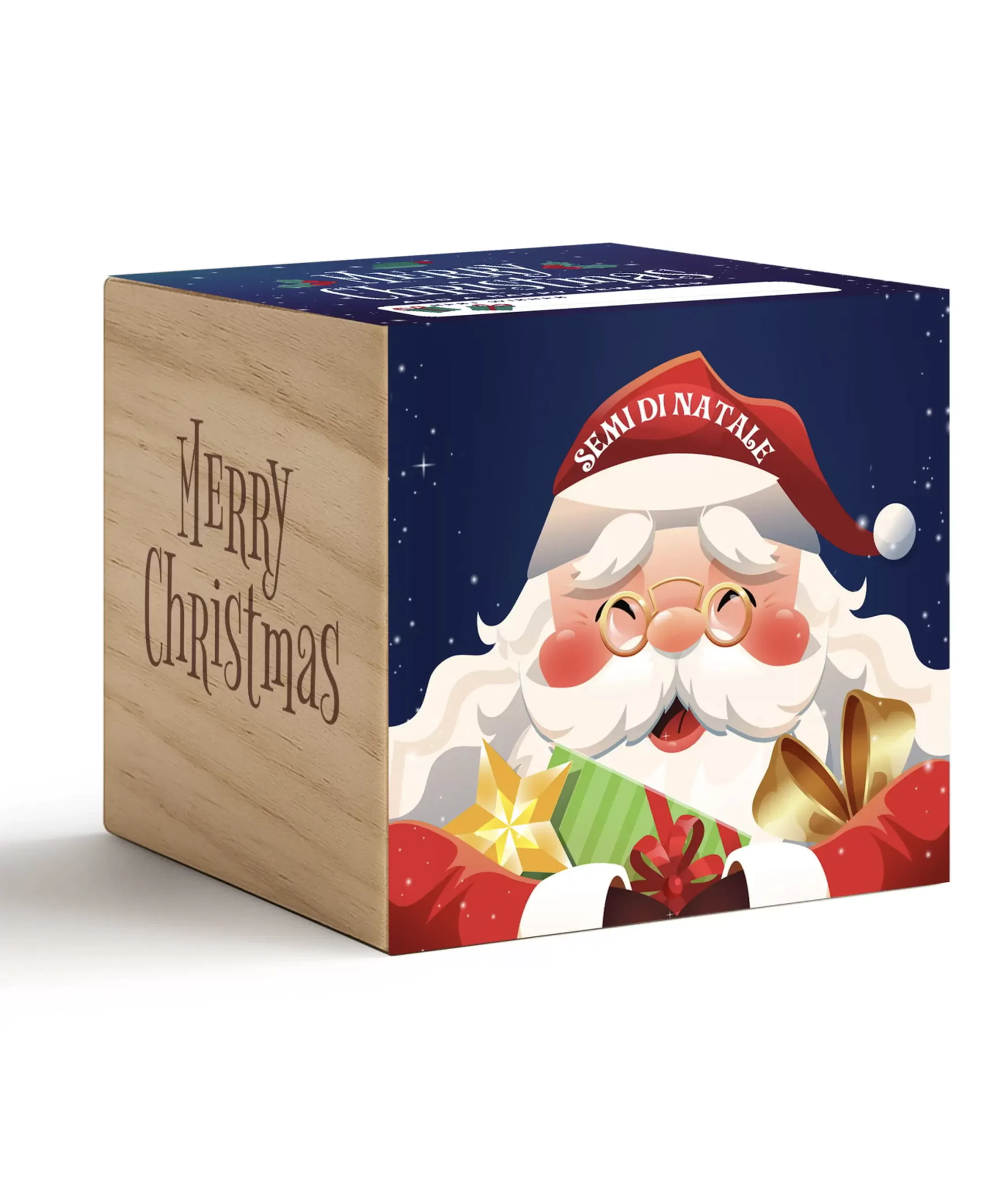 iGreen Cube Natalizio con Babbo Natale su confezione blu e lato in legno