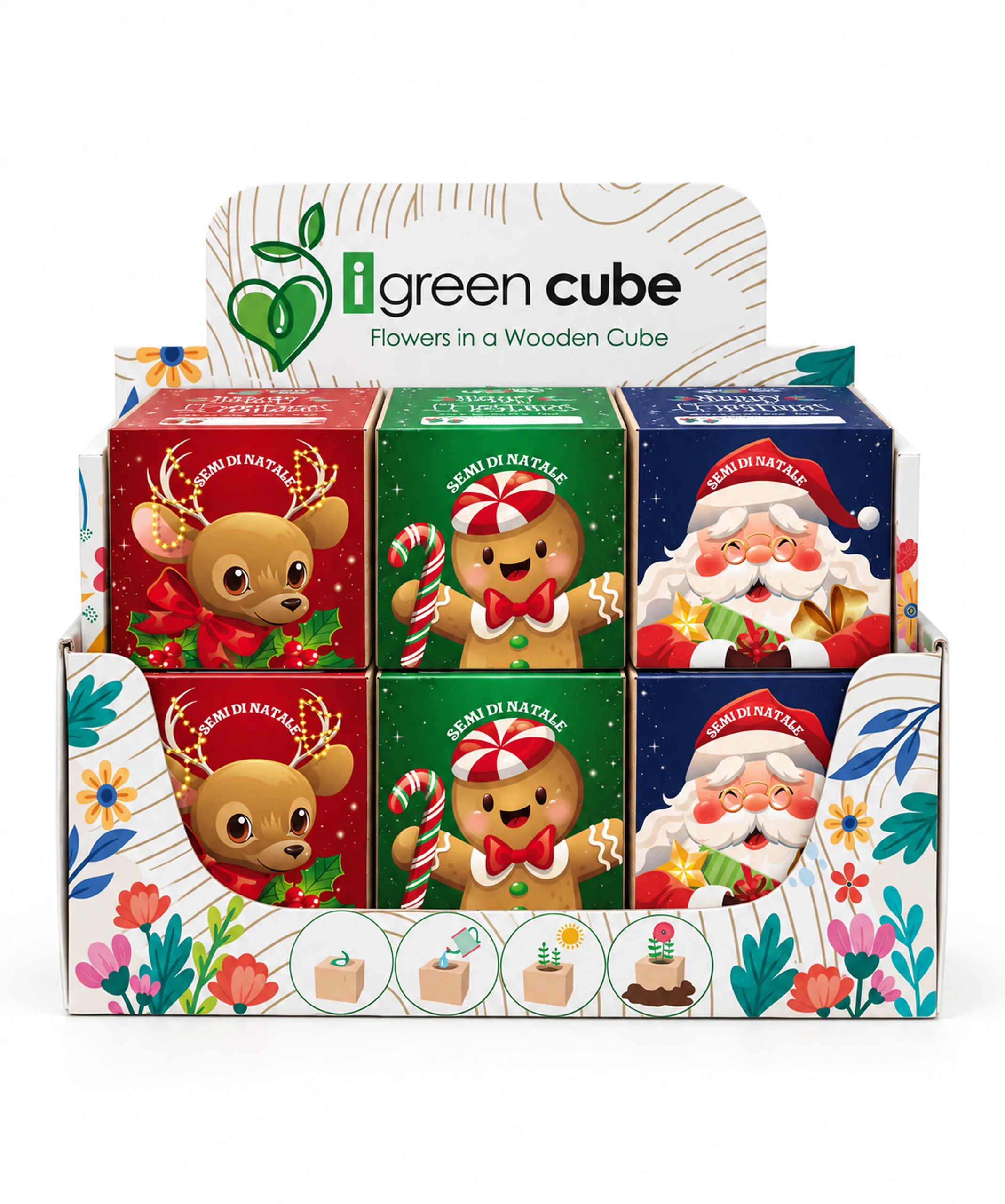 Display da banco con 12 iGreen Cube Natalizi nelle grafiche renna, pan di zenzero e Babbo Natale