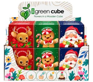 Display da banco iGreen Cube Natalizi da 12 pezzi, con grafiche renna, pan di zenzero e Babbo Natale
