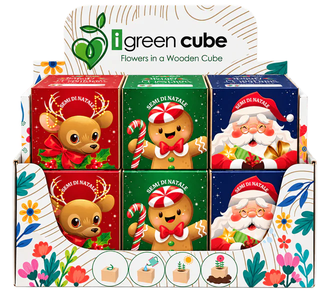 Display da banco iGreen Cube Natalizi da 12 pezzi, con grafiche renna, pan di zenzero e Babbo Natale